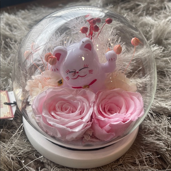 Lucky Cat Floral Dome with Pink Roses - Picture 2 of 4